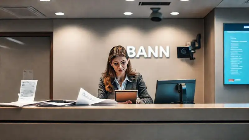 Una mujer preocupada revisa documentos en banco
