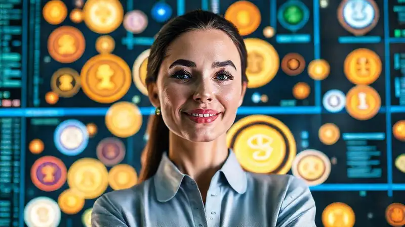 Mujer segura navega en moneda digital