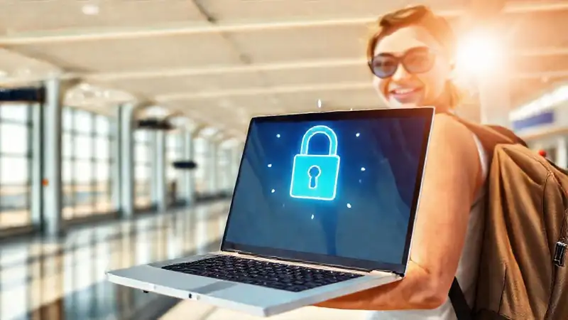 Viajero seguro usa laptop protegida